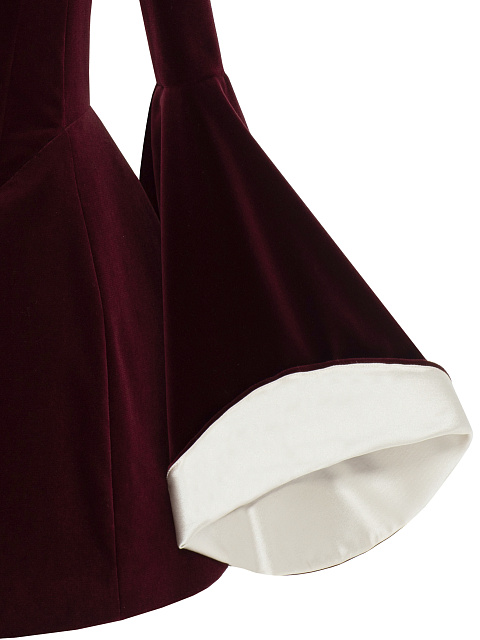 Бордовое платье-мини из бархата с расклешенным рукавом, 4