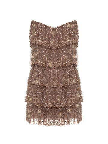 Бежевое платье-мини с воланами и стразами, 1