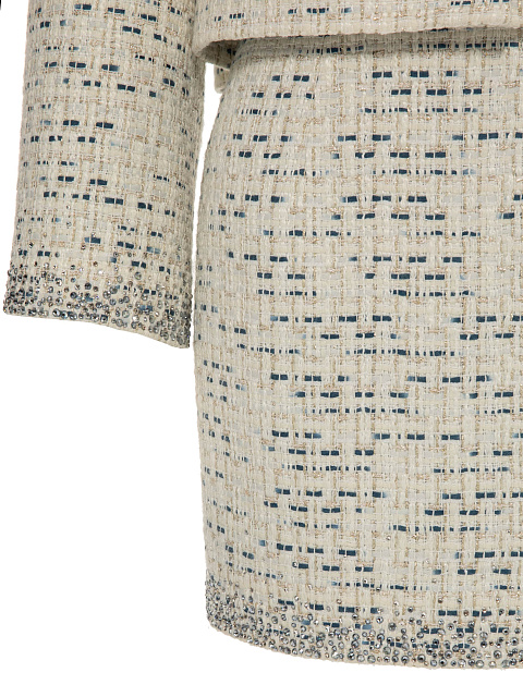 Молочный твидовый костюм из жакета и юбки-мини, 9