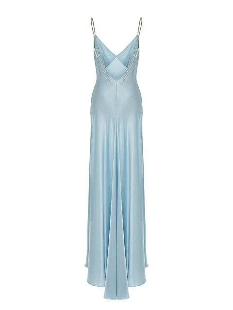 Голубое платье-макси из шелка с жемчугом, 2
