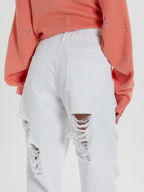 Широкие рваные джинсы белого цвета, 7 Широкие рваные джинсы белого цвета, 7