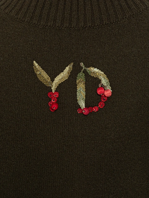 Зеленый кашемировый свитер с вышивкой в виде рябины, 3