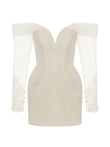Белое платье-мини с цветочным принтом и кружевными рукавами, 1