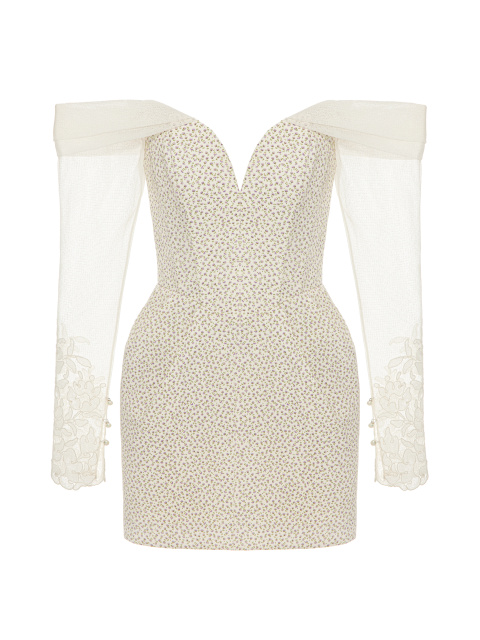 Белое платье-мини с цветочным принтом и кружевными рукавами, 1