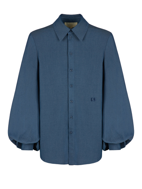 Темно-синяя хлопковая блузка с объемными рукавами, 1
