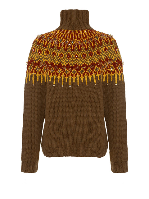 Свитер цвета хаки из кашемира с узором и вышивкой, 2