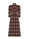 Платье-миди коричнево-синяя клетка, воротничек, рукав 3/4, кнопки
