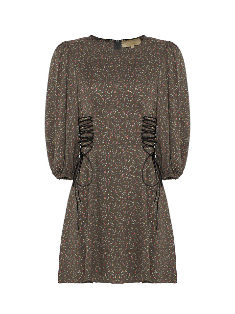 Серое платье-мини с цветочным принтом и шнуровкой на талии, 1