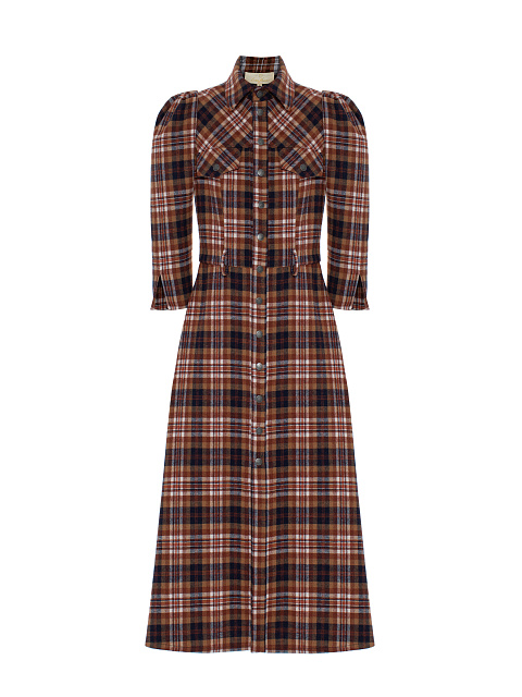 Коричнево-синее шерстяное платье-миди в клетку, 1
