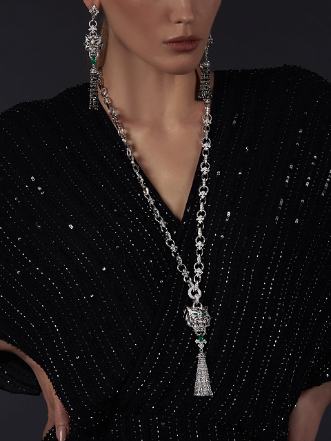 Серьги-кисти из белого золота с бриллиантами и изумрудами, 4