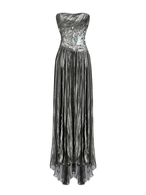 Серебряное платье-макси с люрексом и стразами, 1
