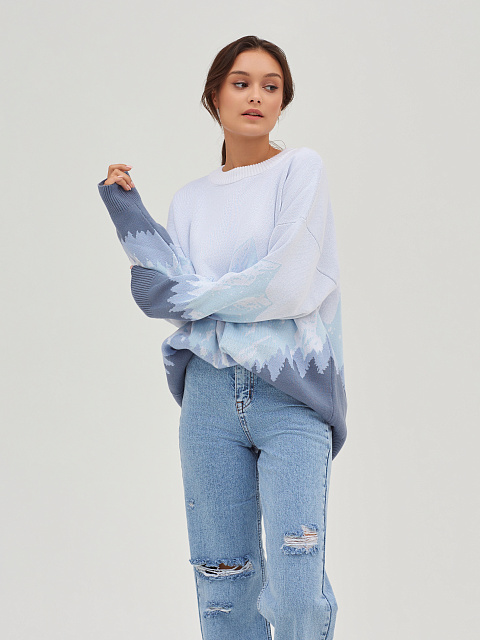 Бело-голубой свитер с рисунком в виде гор, 5