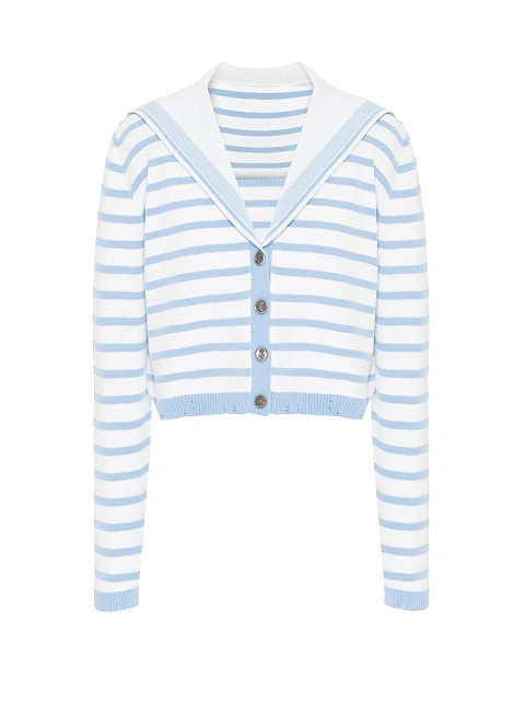 Укороченный белый кардиган в голубую полоску, 1