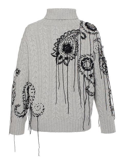 Светло-серый кашемировый свитер с косами и вышивкой, 2