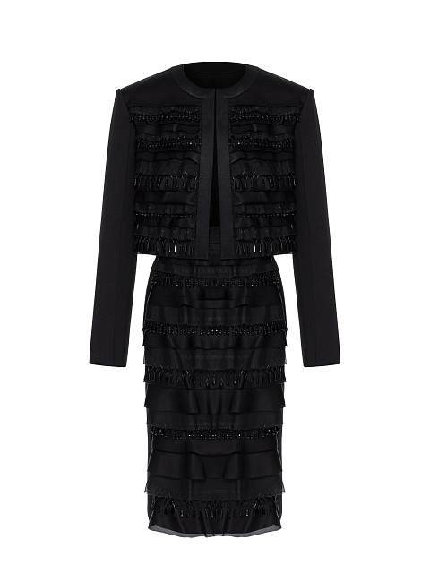 Черный костюм из жакета и юбки-миди, 1 Черный костюм из жакета и юбки-миди, 1