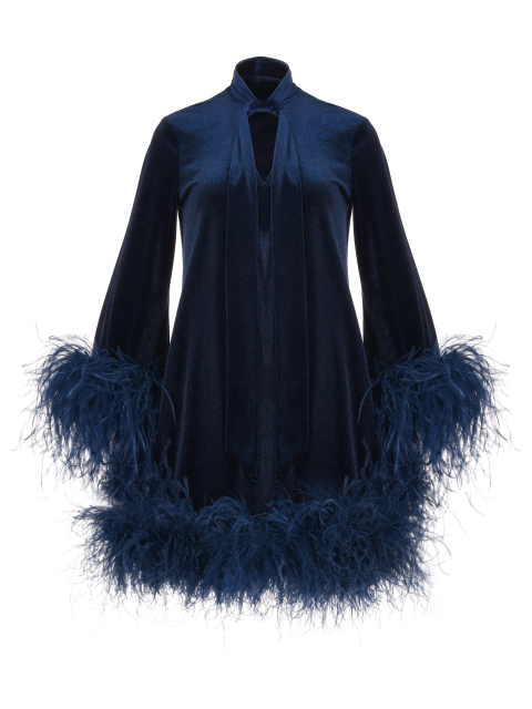 Темно-синее бархатное платье-мини с перьями, 1