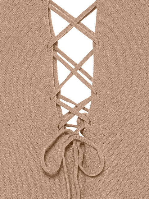 Бежевое трикотажное платье-макси с вырезами и шнуровкой, 3