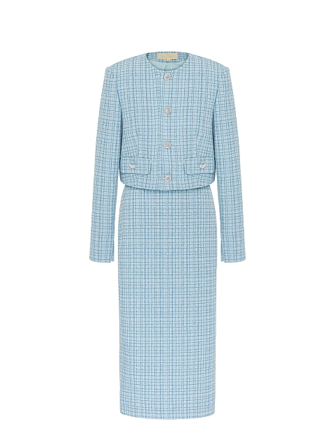 Голубой твидовый костюм из жакета и юбки-миди, 1