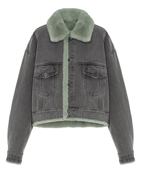Серая куртка из денима с мехом норки мятного цвета, 1 Серая куртка из денима с мехом норки мятного цвета, 1