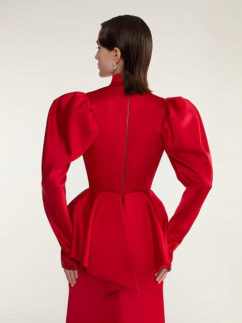 Красное шелковое платье-макси с баской, 8