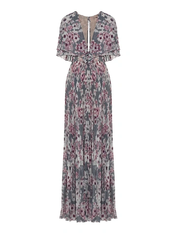 Серое платье-макси из шифона с цветочным принтом, 1