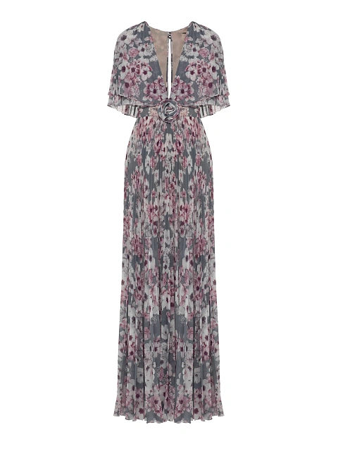 Серое платье-макси из шифона с цветочным принтом, 1