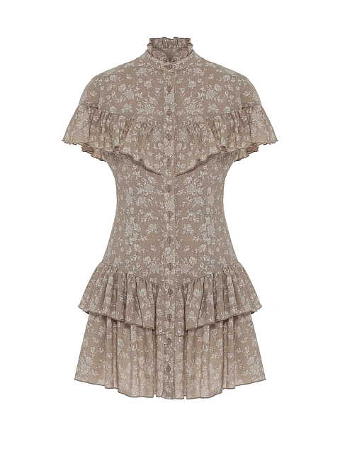 Бежевое платье-мини из хлопка с цветочным принтом, 1