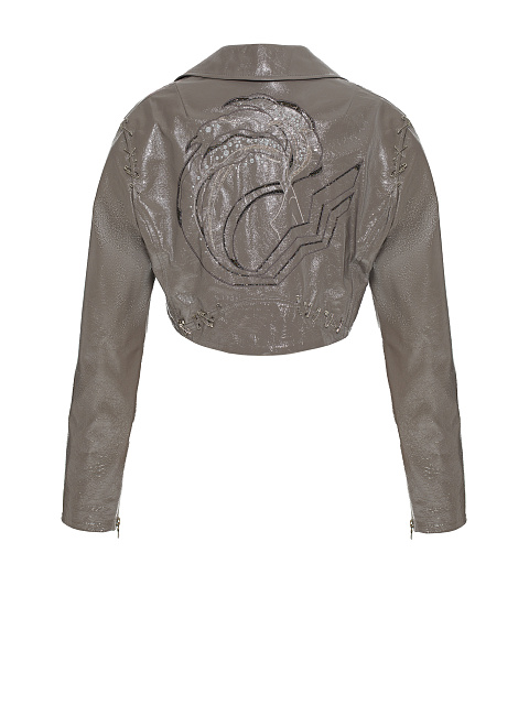 Серая укороченная косуха из лакированной кожи, 2