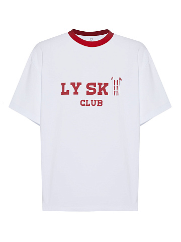 Белая футболка из хлопка с красным кантом и принтом, 1