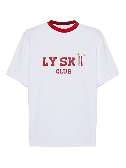 Белая футболка из хлопка с красным кантом и принтом, 1