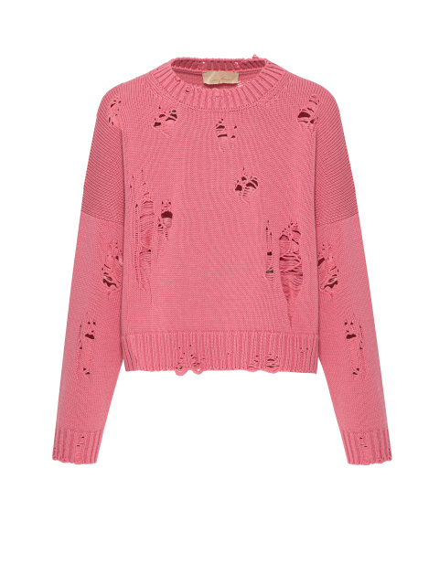 Ярко-розовый укороченный свитер из хлопка с дырками, 1