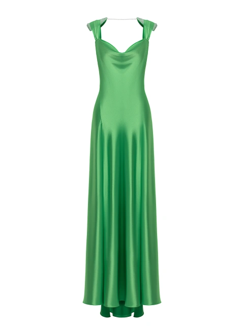 Зеленое платье-макси из шелка со стразами, 1