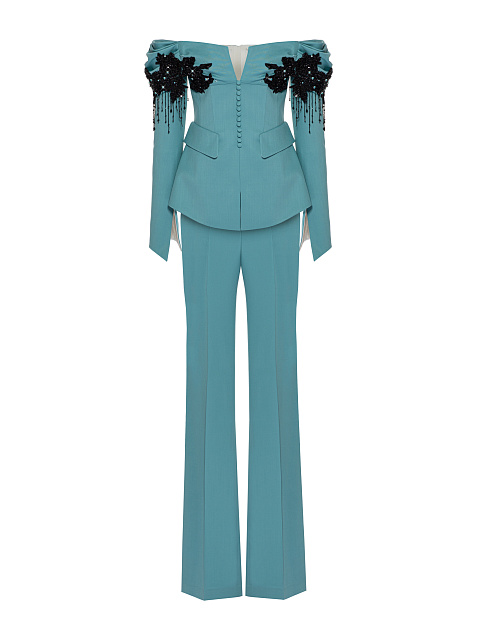 Голубой костюм-двойка с открытыми плечами и вышивкой, 4 Голубой костюм-двойка с открытыми плечами и вышивкой, 4