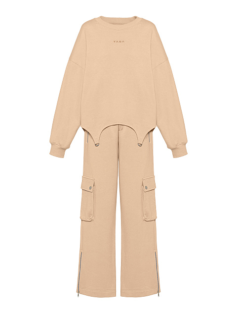 Бежевый трикотажный костюм с брюками-карго, 1 Бежевый трикотажный костюм с брюками-карго, 1
