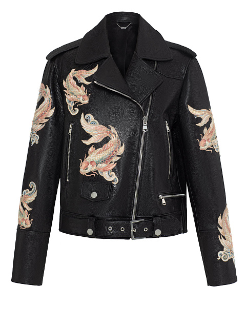 Черная кожаная куртка-косуха с вышивкой, 1