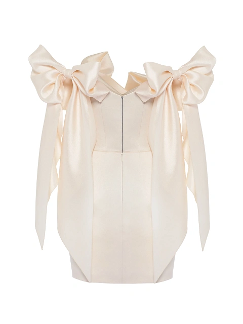 Бежевое платье-мини из шелка с бантами, 2