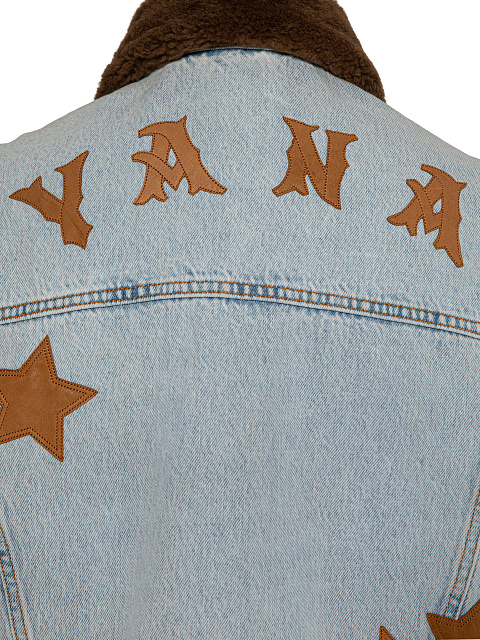 Голубой джинсовый жилет со звездами и коричневым подкладом из овчины, 4