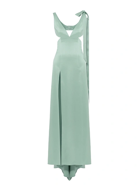 Зеленое платье-макси из атласа с вырезами и шлейфом, 1