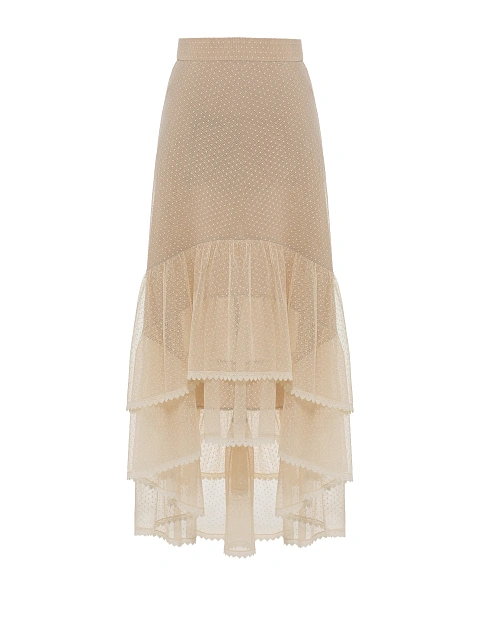Бежевая юбка-миди из кружева с воланами, 1 Бежевая юбка-миди из кружева с воланами, 1