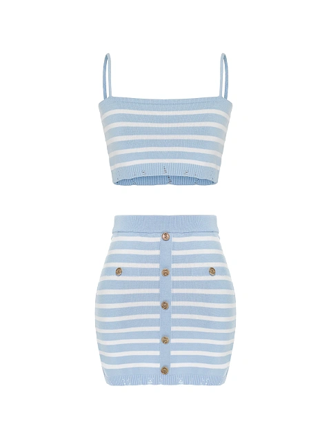 Голубой комплект в белую полоску из топа и юбки-мини, 1