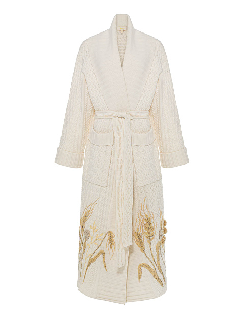 Молочное вязаное пальто из кашемира с вышивкой, 1