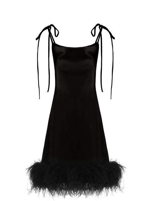 Черное атласное платье-комбинация с боа, 1
