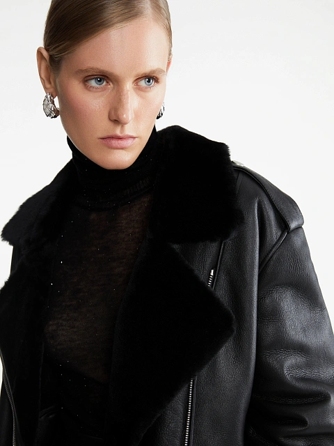 Черная объемная дубленка из овчины, 9