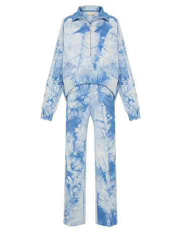 Голубой костюм tie-dye с укороченной толстовкой и вышивкой в виде васильков, 1