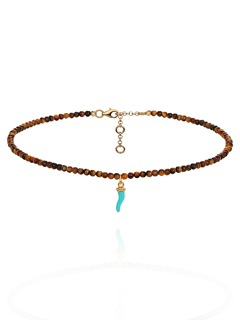 Колье-чокер из позолоченного серебра и тигрового глаза с кулоном из эмали, 1 Колье-чокер из позолоченного серебра и тигрового глаза с кулоном из эмали, 1