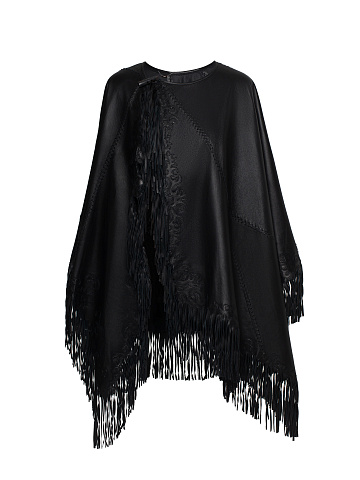 Черное пончо из кожи с вышивкой и бахромой, 1