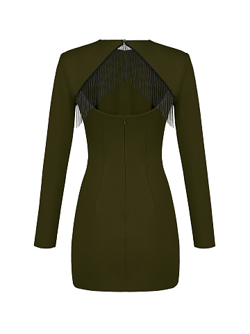 Темно-зеленое платье-мини с бахромой на спине, 2