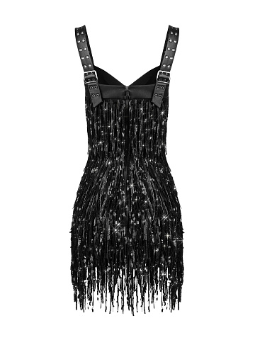 Черное кожаное платье-мини с бахромой из пайеток, 2