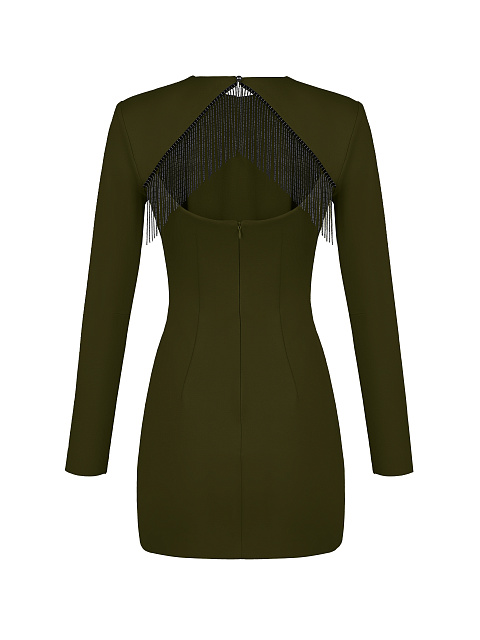 Темно-зеленое платье-мини с бахромой на спине, 2
