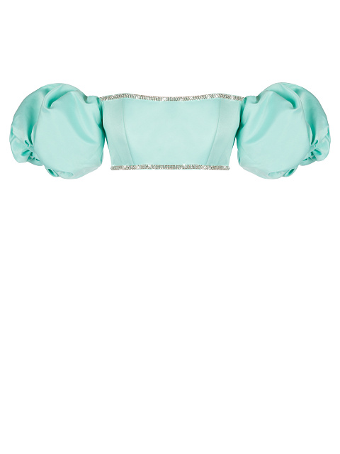 Бирюзовый атласный топ с рукавами-фонариками и стразами, 1